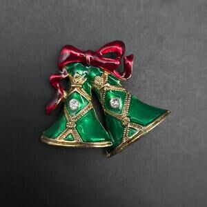 Green Enamel Christmas Bell Brooch Enamel Rhinestone VIntage Jewelry